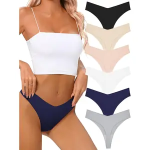 Seamless Thongs for Women No Show Thong V-waisted Stretch Breathable Sexy Panties Underwear 6 Pack