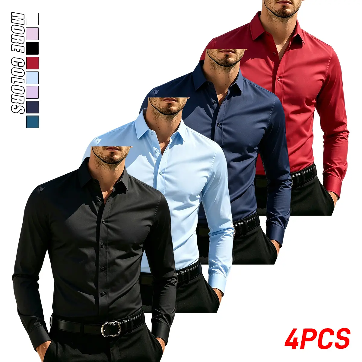 4PCS men’s long-sleeve button-up shirts, solid color design, formal business attire, an ideal choice for everyday wear and a business style.