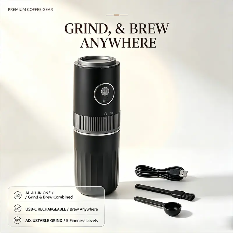 Portable Electric Coffee Grinder & Pour Over Brewer  2-in-1, USB-C Rechargeable, Adjustable Grind Settings,  Lightweight Travel Coffee Maker for Camping, Office &  Home, Fresh Ground Coffee Anytime, Fits Any Bag