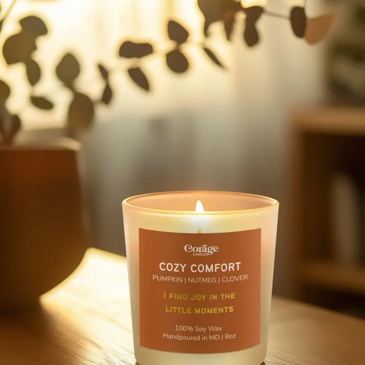 Cozy Comfort Candle | 8 oz Soy Wax | Pumpkin & Clove Scent | 40+ Hours Burn | Round Glass Vessel | Perfect for Family Dinners & Holiday Vibes