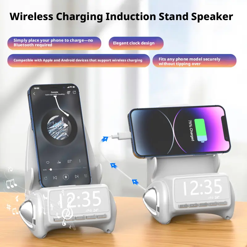 3-in-1 Wireless Charging Speaker Stand | Digital Clock & Temperature Display, Compact & Versatile for Bedroom & Office Audio Audio Audio