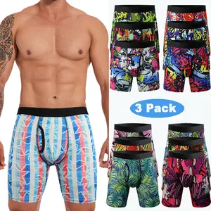 3 PACK Mens All Over Art Print Contrast Tape Boxer Briefs Shorts, Men Comfy Anti Chafing Underwear Comfort Sport Briefs Trunks Menswear For All Seaosns