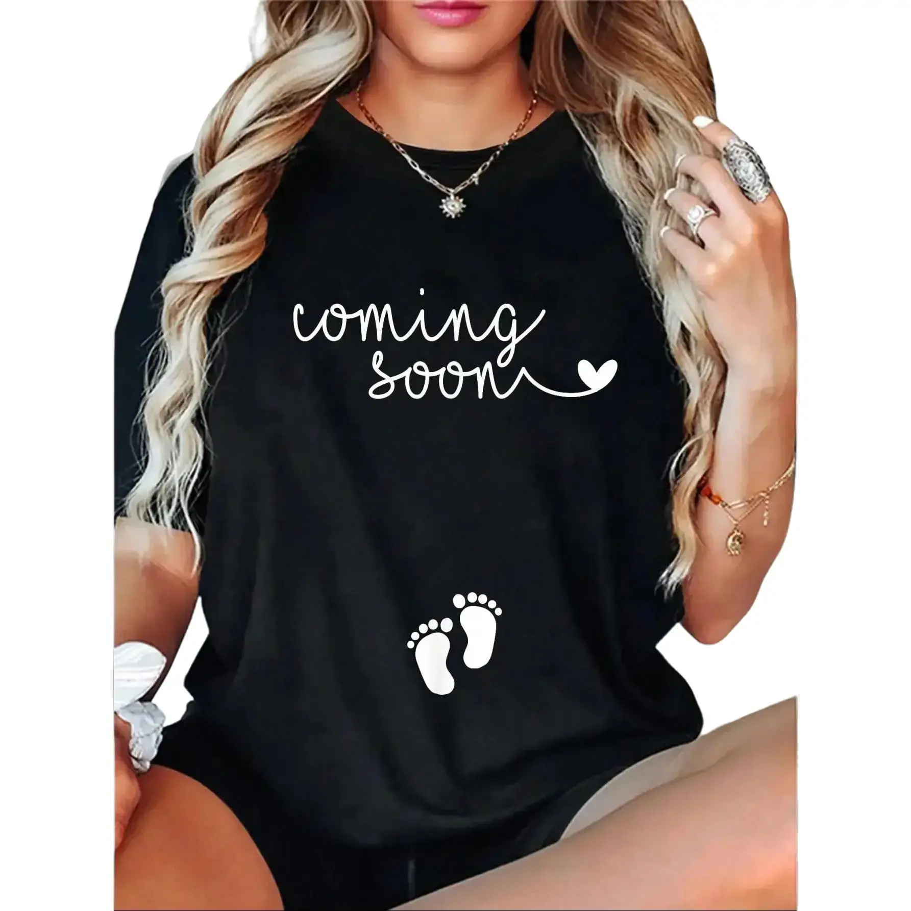 Women's Casual Short-Sleeve Round Neck Graphic Digital Print Pregnancy Announcement Sports Top for Pregnant Moms, Shortsleeve, Tops# casual t-shirt  # graphic print t-shirt