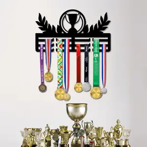 Wall Mounted Trophy Display Rack with Adjustable Hooks and Ribbon Holder, Stylish Space Saving Design for Awards Sports Academic Honors