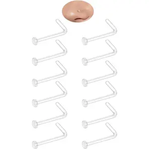 12Pcs 18G/20G Bioflex Plastic L-Shape Clear Nose Stud Set - Flat Top 2mm Piercing Retainers for Work, Sports, Surgery (Suitable for Women, Men; Ideal for New Nose, Ear, Lip Perforations)