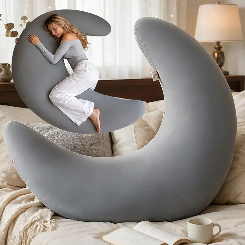 This giant 140cm moon-shaped body pillow is the ultimate sleep lifesaver for every side sleeper and pregnant mama! Ultra soft cloud-like fabric wraps your whole body, full supportive design relieves back, hip and shoulder aches all night long., Pregnancy,