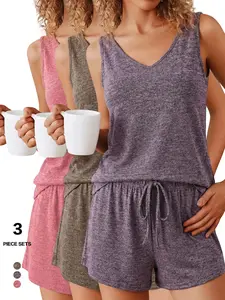 2026 V Neck Vest Lounge Set, Comfort & Soft Sleeveless Tank Top & Knot Decor Front Shorts, Women's Loungewear & Sleepwear