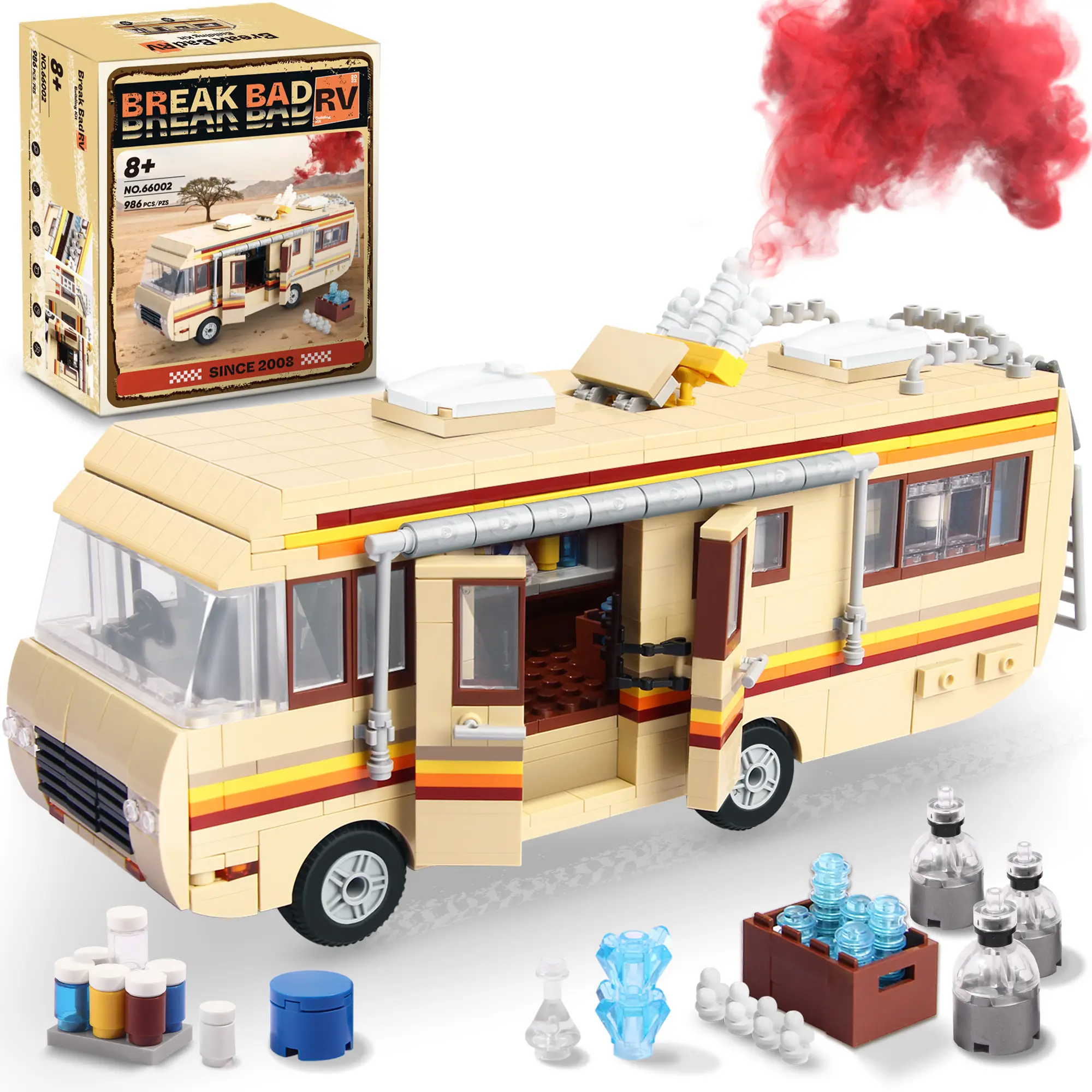 【TOKMOC】66002,986 Pieces,Yellow Bus RV Building Block Set,Camping Car RV Brick Set,Assembly Toys,Collecting Building and Gifting Model for movie Fans,