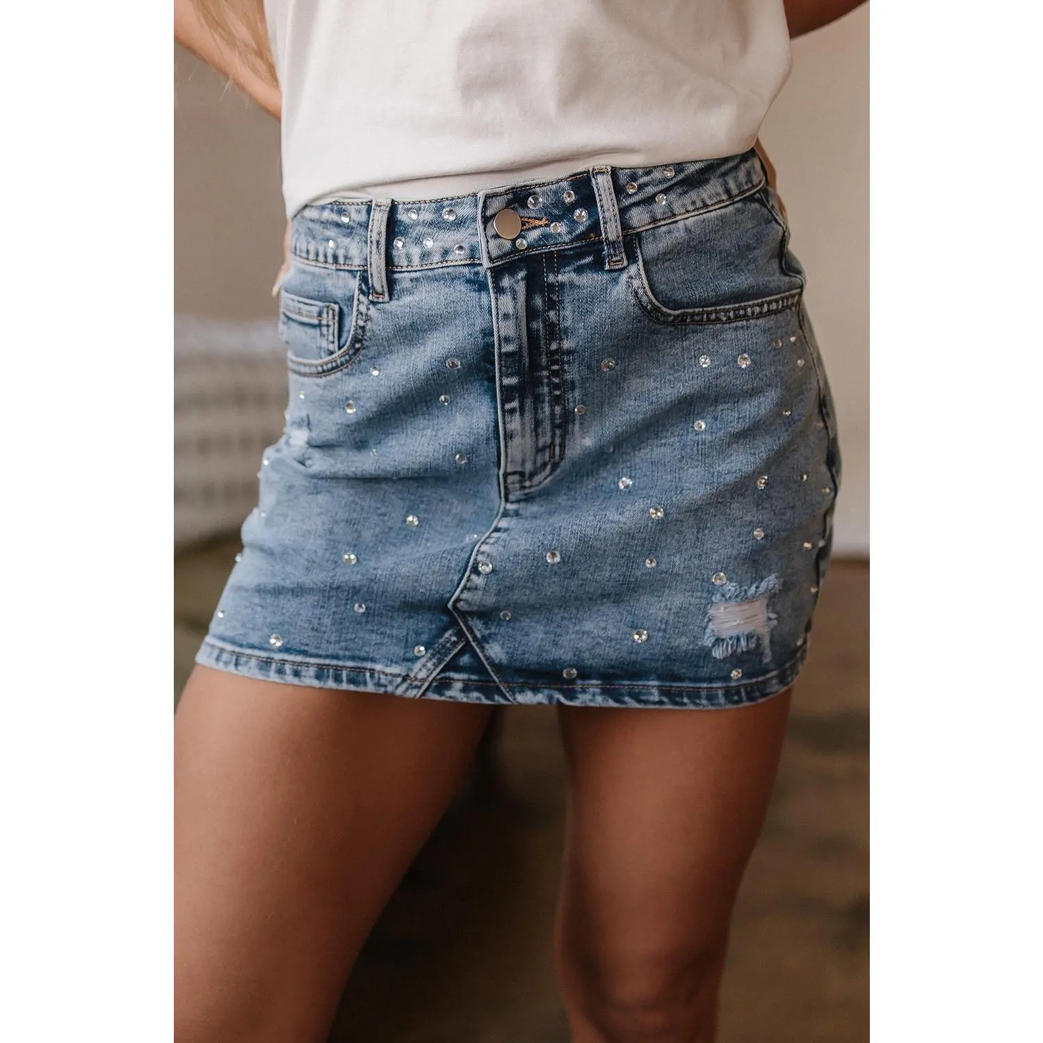 Kamryn Rhinestone Distressed Denim Skirt