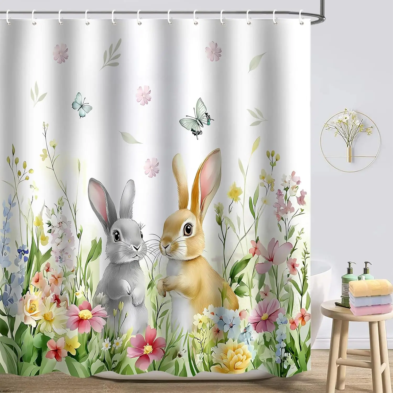 Easter Shower Curtain, Spring Easter Bunny Shower Curtains for Bathroom, Cute Rabbits Floral Plant Watercolor Flower Shower Curtain Set with Hooks Bathroom Bathtubs Decor 72"x72"