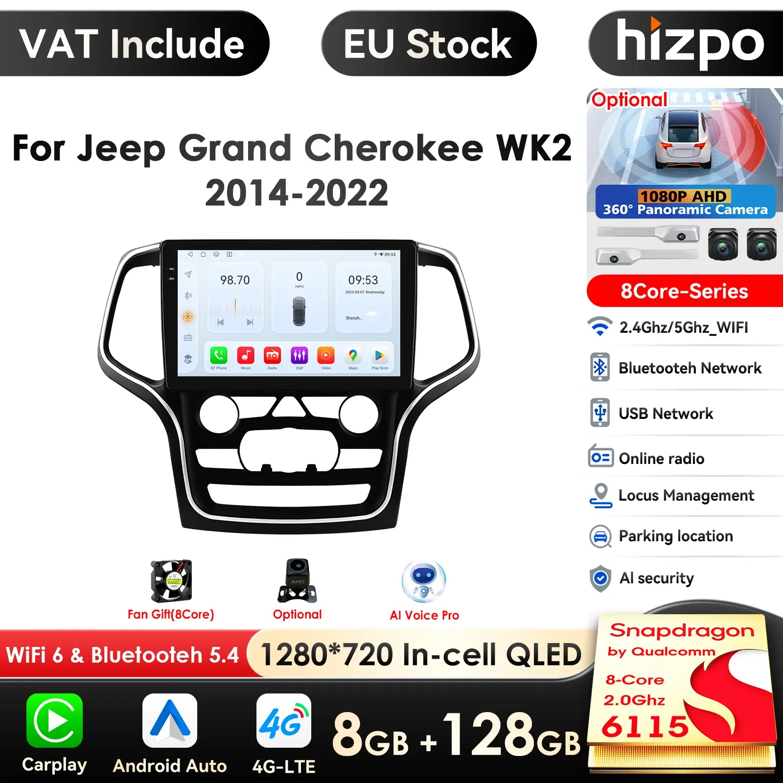 Hizpo 2Din Android 14 Touchscreen Head Unit - 4G 6115 Intelligent Screen Car Radio for Jeep Grand Cherokee WK2 2014-2022 Multimedia Video Player