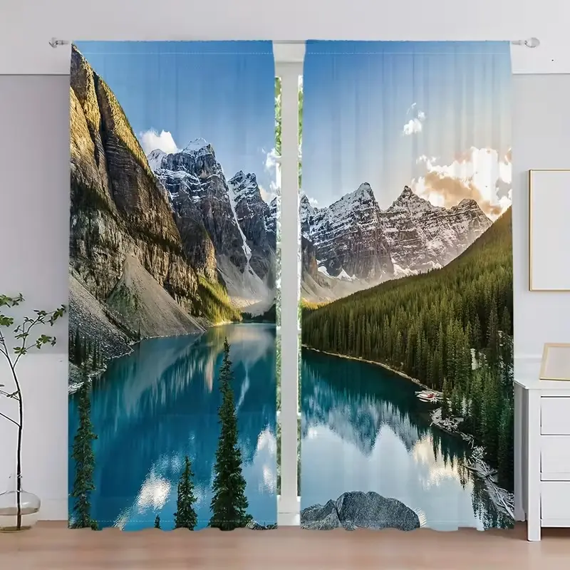 Spring Forest Mountain View Curtains Set, Room Decor Curtain, Home Decoration Curtain, Digital Print Polyester Fabric, Rod Pocket Design, Suitable for Living Room Bedroom Kitchen Bathroom, Window Curtain