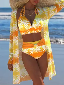 New Arrival Women's Swimwear Beach Outfits, Bikini Swimsuit Outfit, Smock Swimwear Summer Beach Festival Vacation Travel Sexy Three Piece Tropical Print Bikini Set
