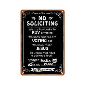 Funny No Soliciting Vintage Metal Tin Sign - Humorous Front Door Decor for Home, Porch, Garage - Retro "Please Go Away" Wall Plaque with Delivery Logos 8x12 Inch