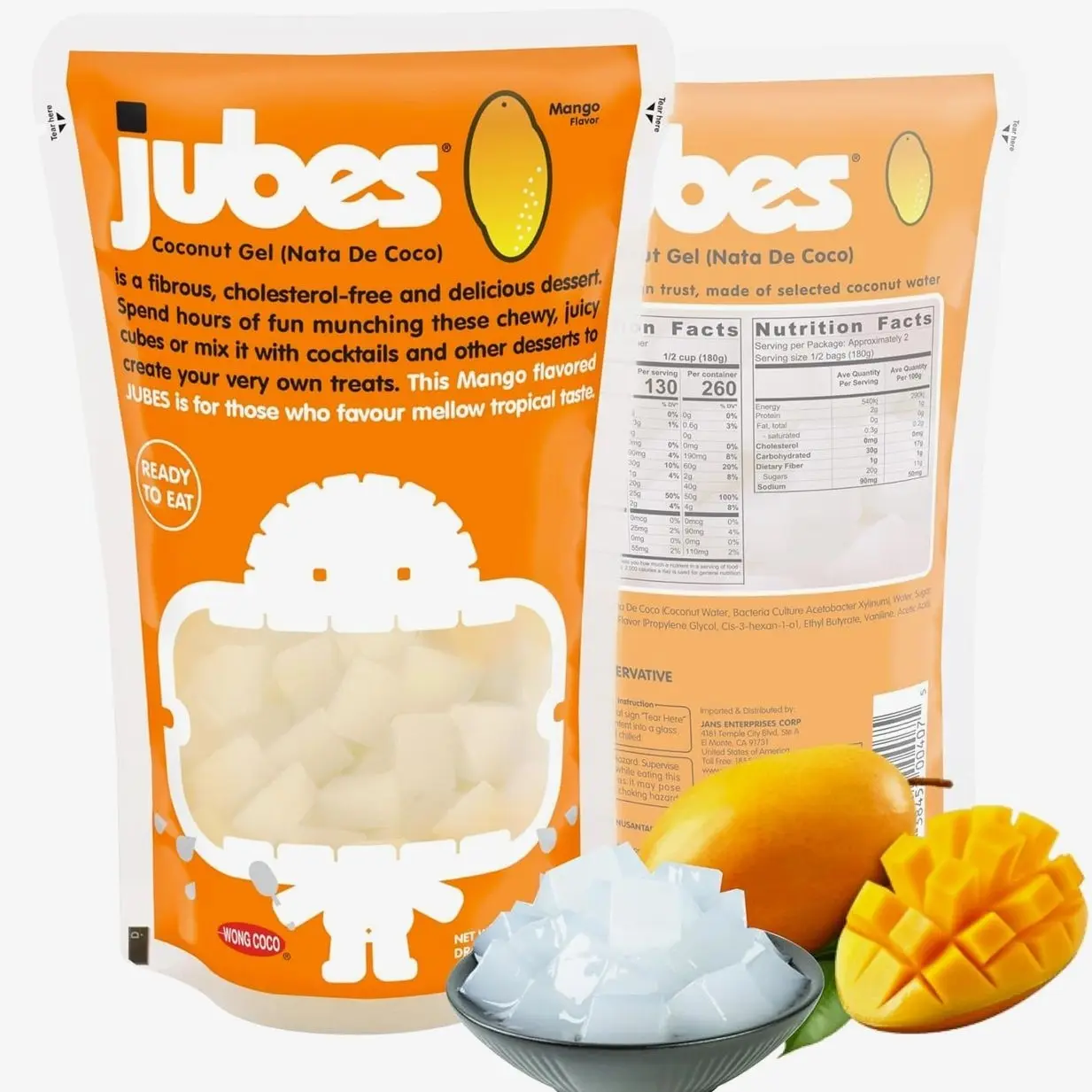Jubes Mango Nata De Coco Jelly Cubes 12.7 oz - Mango Coconut Jelly Cubes for Sago - Coconut Gel in Syrup Toppings for Fruit Tea, Boba, Bubble Tea, Drinks, Desserts Yogurt, Ice Cream, Beverage