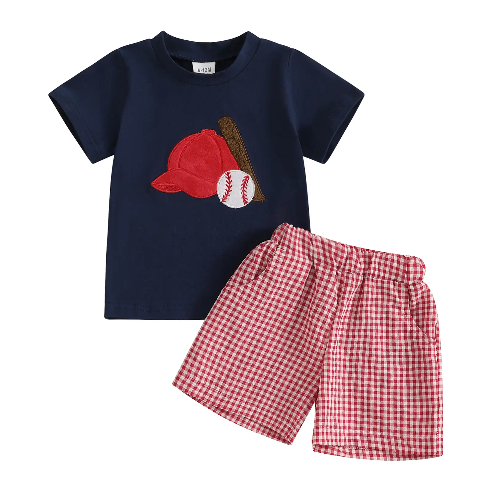 Toddler Baby Boys Summer Outfits Baseball Embroidery Short Sleeves T-Shirt Elastic Plaid Shorts Set 2 Piece Clothes