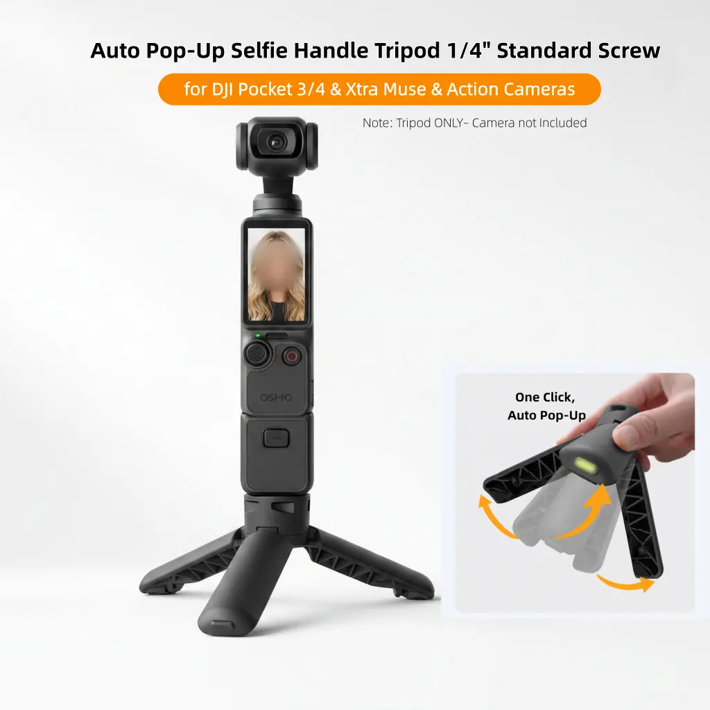 Auto Pop-Up Mini Tripod & Handheld Holder for Osmo Pocket 3/4 & Xtra Muse, Standard 1/4" Tripod Mount, Silicone Anti-Slip Ft, Pocket-Sized 2-in-1 Handle & Desk Stand