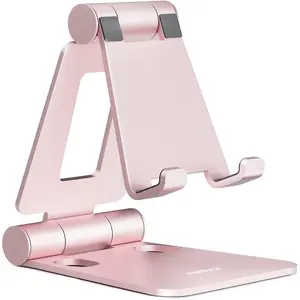 Nulaxy Dual Folding Cell Phone Stand, Fully Adjustable Foldable Desktop Phone Holder Cradle Dock Compatible with iPhone 17 16 15 14 13 12 11 Pro Max Xs Xr X 8, Nintendo Switch, All Phones - Rose Gold