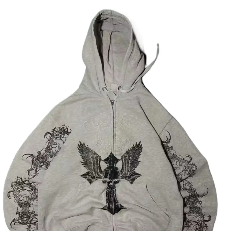 Unisex Graphic Hoodie with Detailed Wing and Skull Design in Soft Grey