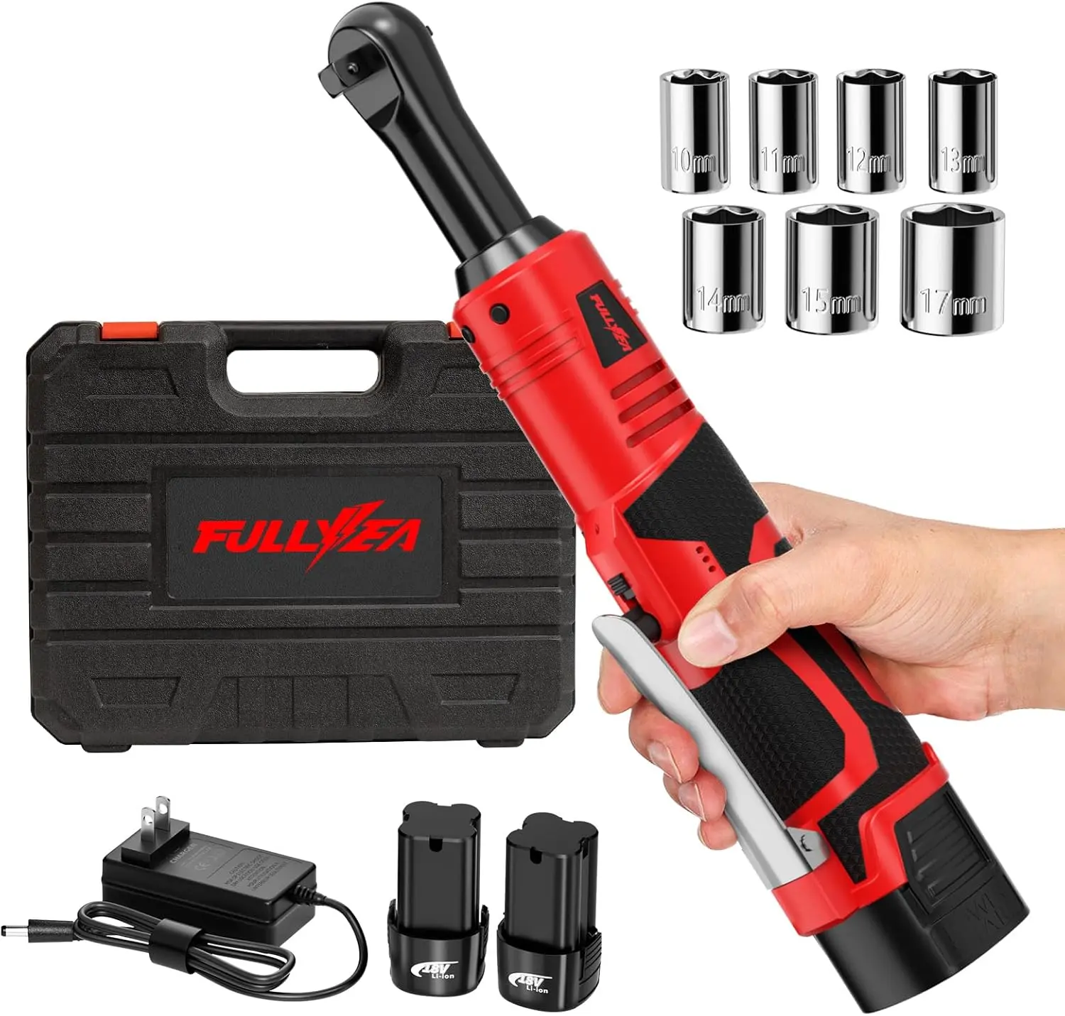 3/8" Cordless Electric Ratchet Wrench Set, 45 Ft-lbs,Variable Speed | 550 RPM, 18V Extended Power Ratchet Tool Kit, 2 Packs 2.0Ah Battery, Fast Charger, LED Light, 7 Sockets