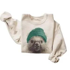 Women's Vintage Cute Porcupine Beanie Graphic Hoodie - Casual Long Sleeve Round Neck Garment, Woodland Creature Crewneck, Camping Gift, 90s Unisex Retro Wildlife Outdoors Pullover