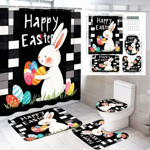 1/4pcs Easter Bathroom Set - Black White Checkered Shower Curtain with White Bunny Holding Colorful Eggs & 'Happy Easter' Text, Matching 2 Bath Mats, Toilet Seat Cover - Festive Whimsical Decor for Spring Holiday Bathroom Decor Shower Curtain Sets