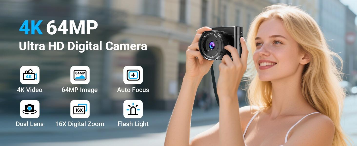CAMKORY 4K Digital Vlogging Camera for Travel, Outdoor Photography and Vacation Videos, 64MP Camera with Dual Lens, Autofocus, Anti-Shake, 16X Zoom, 32GB Card, Two Batteries, Compact Camera for Beginners, Digital Cam, Contentcreator #SummerVibes,summervib