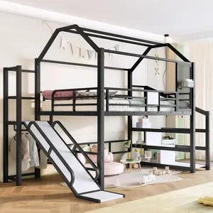 Full Size Metal Bed Frame, Loft Bed with Stairs, Slide, Storage Shelves, Clothes Rail and Safety Guardrail for Bedroom (Black)