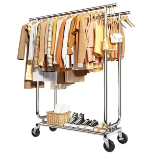 Garment Rack Double Rod, Heavy Duty Clothes Rack, Stainless Steel Silver