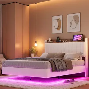Floating Bed Frame with LED Lights, Charging Station & Upholstered Storage Headboard