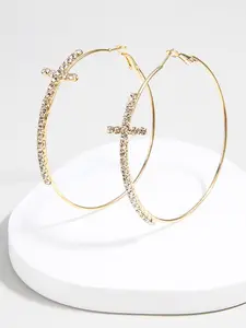 Cross Design Inlaid with Shiny Rhinestone Decor Hoop Earrings, Fashion Earrings, Alloy Material Jewelry, Statement Earrings