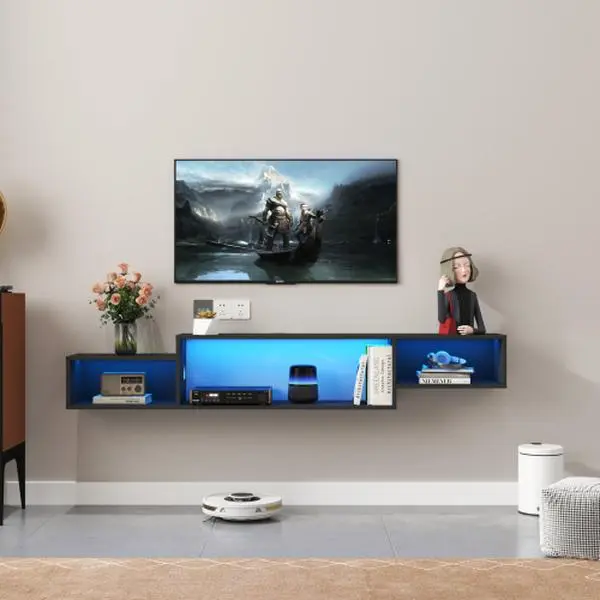 65.35Inch Floating TV Stand with LED Lights & Charging Station, Wall Mounted Entertainment Center with Storage Long TV Stand for Bedroom, Floating TV Shelf Under TV for Living Room, Black