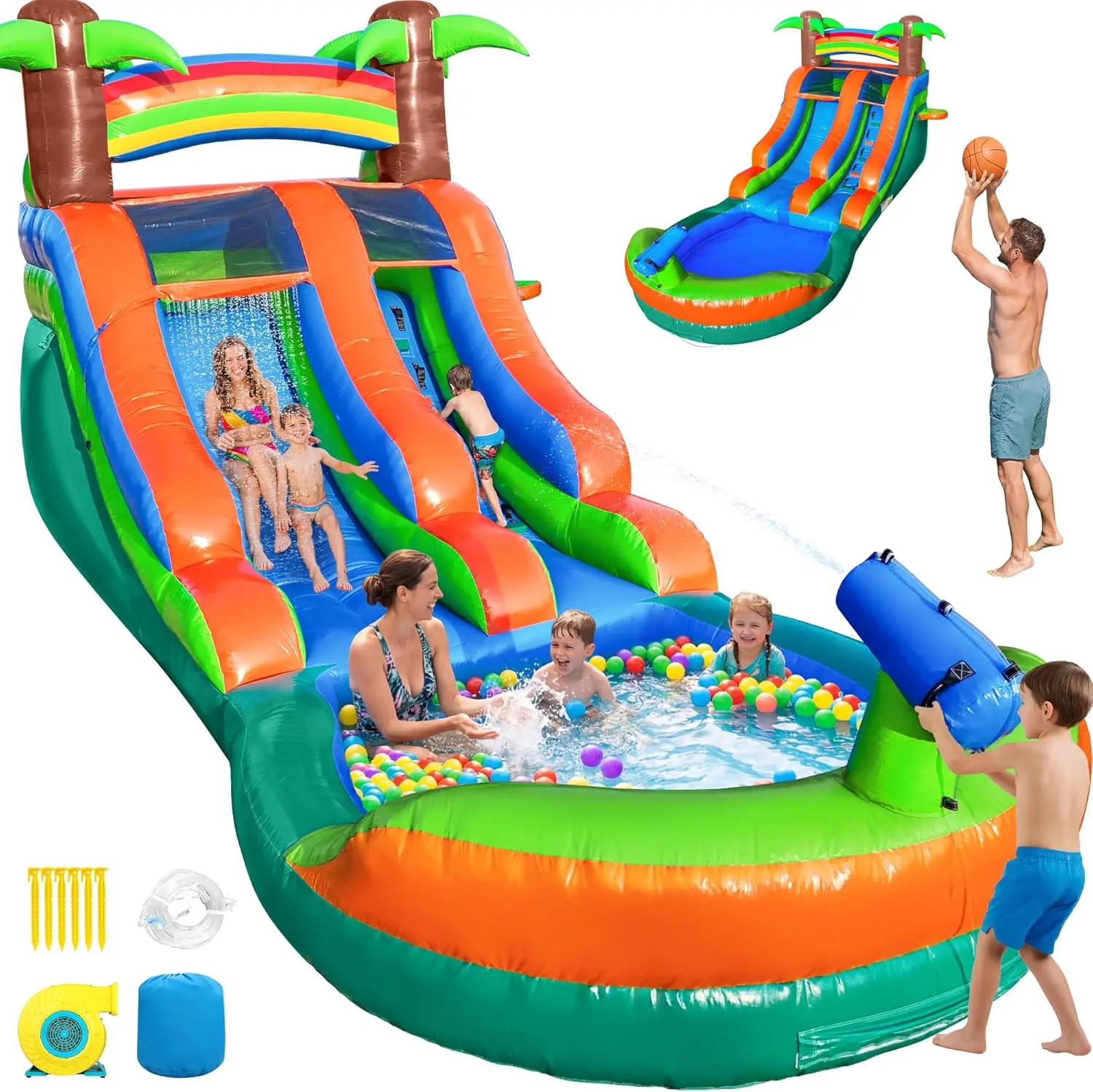 HRYDJ 21FT Commercial Inflatable Water Silde for Kids Adults, 100% PVC Heavy Duty Bounce House Water Park Slides with Large Water Pool, Waterslide with 750W Blower for Backyard Party, Green
