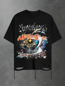 Men's Loose Fit Fashion Print T-Shirt, Drop Shoulder Design, Hole Detail Hem, Casual Daily Wear, Spring & Fall Season