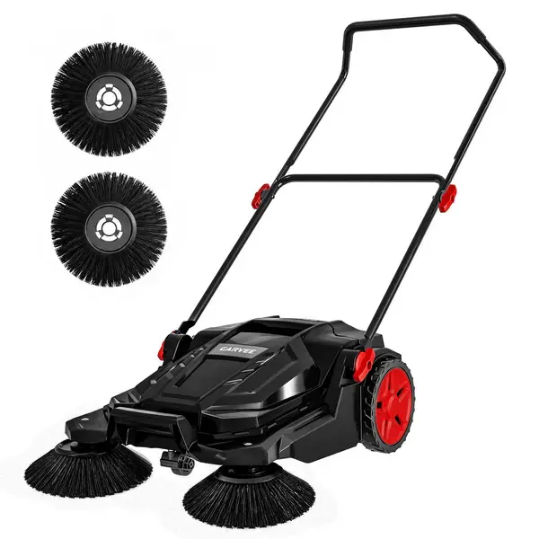 [FLASH SALE] Garvee 25.6 in Walk-Behind Floor Sweeper, Manual Push Sweeper with 5-Gallon Debris Bin, Dual Side Brushes and Folding Handle for Garage, Patio and Driveway