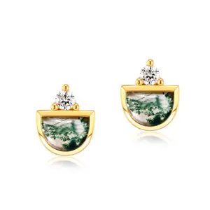 Gemstone Earrings 925 Sterling Silver   Cubic Zircon Vintage Natural Green Moss Agate Stud Earring Valentine Gift for Girlfriend