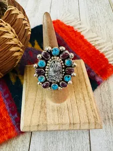 Handcrafted Sterling Silver & Multi Stone Cluster Adjustable Ring