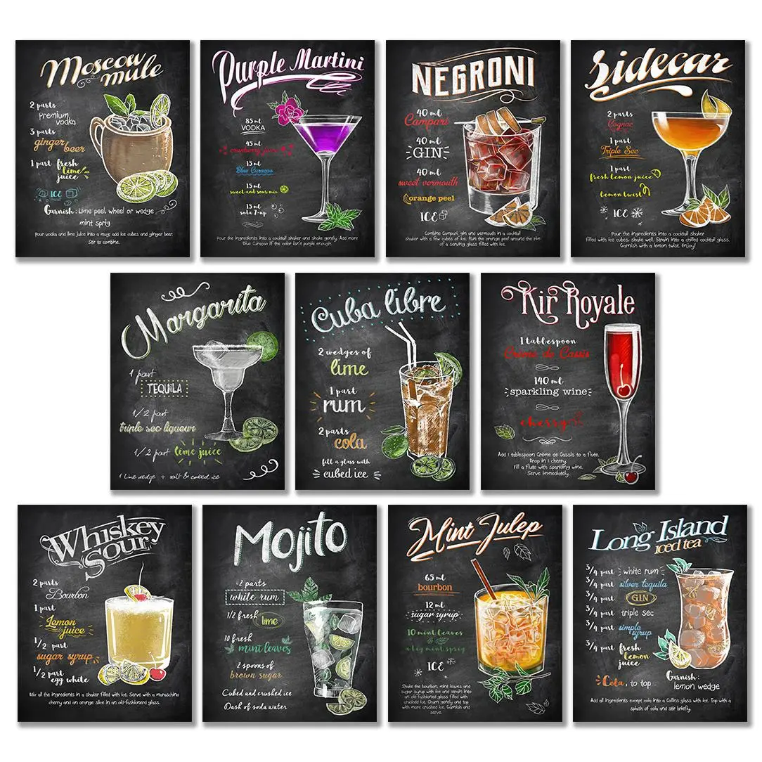 Cocktail & Wine List Poster, Vintage Restaurant Drink List Poster, Wall Art Poster with Illustrations for Home Living Room Bedroom Decor, Decoration, Ornaments, Vintage Prints, Unframed Art Print