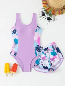 New Girls' One-Piece Swimsuit, Leaf Print Side Waist Patch Tank Top, Plain Briefs Two-Piece Set, Suitable for Beach Parties, Swimming, Summer Swimwear, Swimwear Bathing Suits