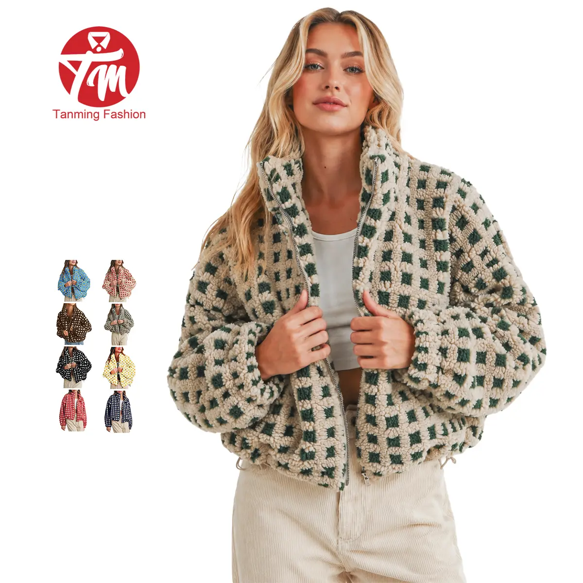 Tanming Women's Casual Plaid Sherpa Fleece Coat, Long Sleeve Fluffy Collared Zip-Up Jacket with Adjustable Drawstring Hem, Coats, Longsleeves, Adjustable Women's Casual Jackets, Thanksgiving, Easter, Relaxed Fit, Drop Shoulder, Collared Neck, Checkered, L