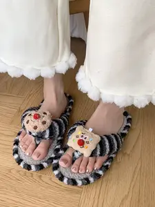 Cute Plush Slippers for Women, Cartoon Doll Design, Unique Look, Open-Toe Comfortable Indoor Shoes, Soft Textile Upper, Rubber Sole