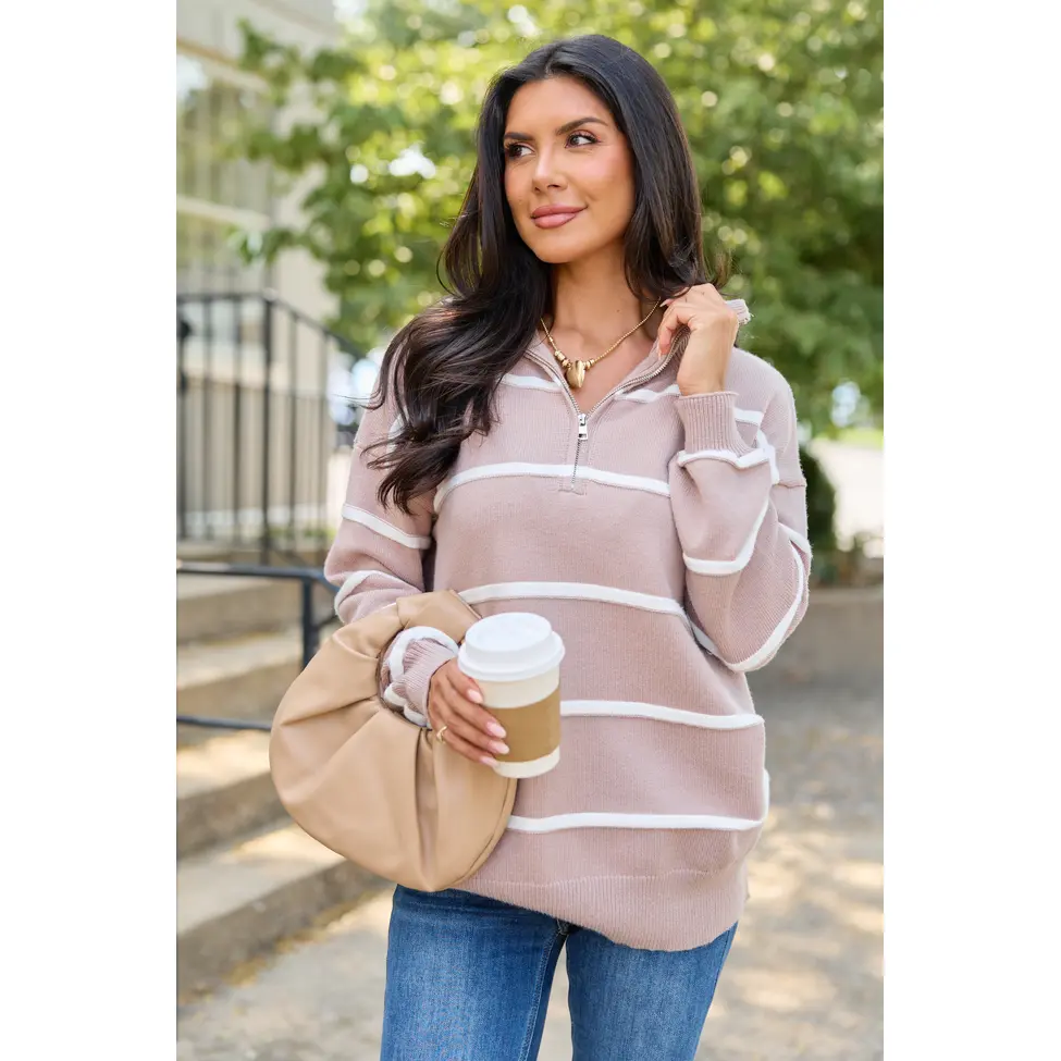 Sunday Stripe Club Taupe And White Quarter Zip