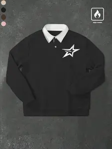 Men's Vintage Star Polo Collar Long Sleeve Sweatshirt, Fall Winter Fleece Lined Warm Pullover, Casual Loose Fit College Style