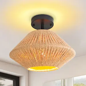Handmade Hemp Rope Ceiling Light, E26 Base Rustic Flush Mount Indoor Light Fixture, Elegant Woven Natural Fiber Ceiling Lamp, Boho Farmhouse Decorative Light for Bedroom, Living Room, Hallway, Dining Room