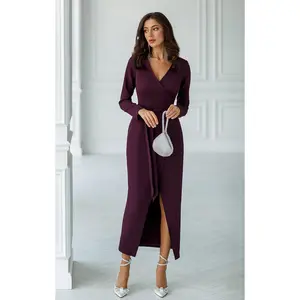 Plum Wrap Long Sleeve Collarless Maxi Dress