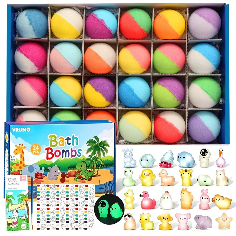 Gift Set with 24 Unique Land & Sea Animal Toys, Fun, Educational, Cute, and Child-Safe Bath Bombs with Toys, Rubber Duck Assortment, Great Gift for Boys & Girls’ Birthdays & Christmas