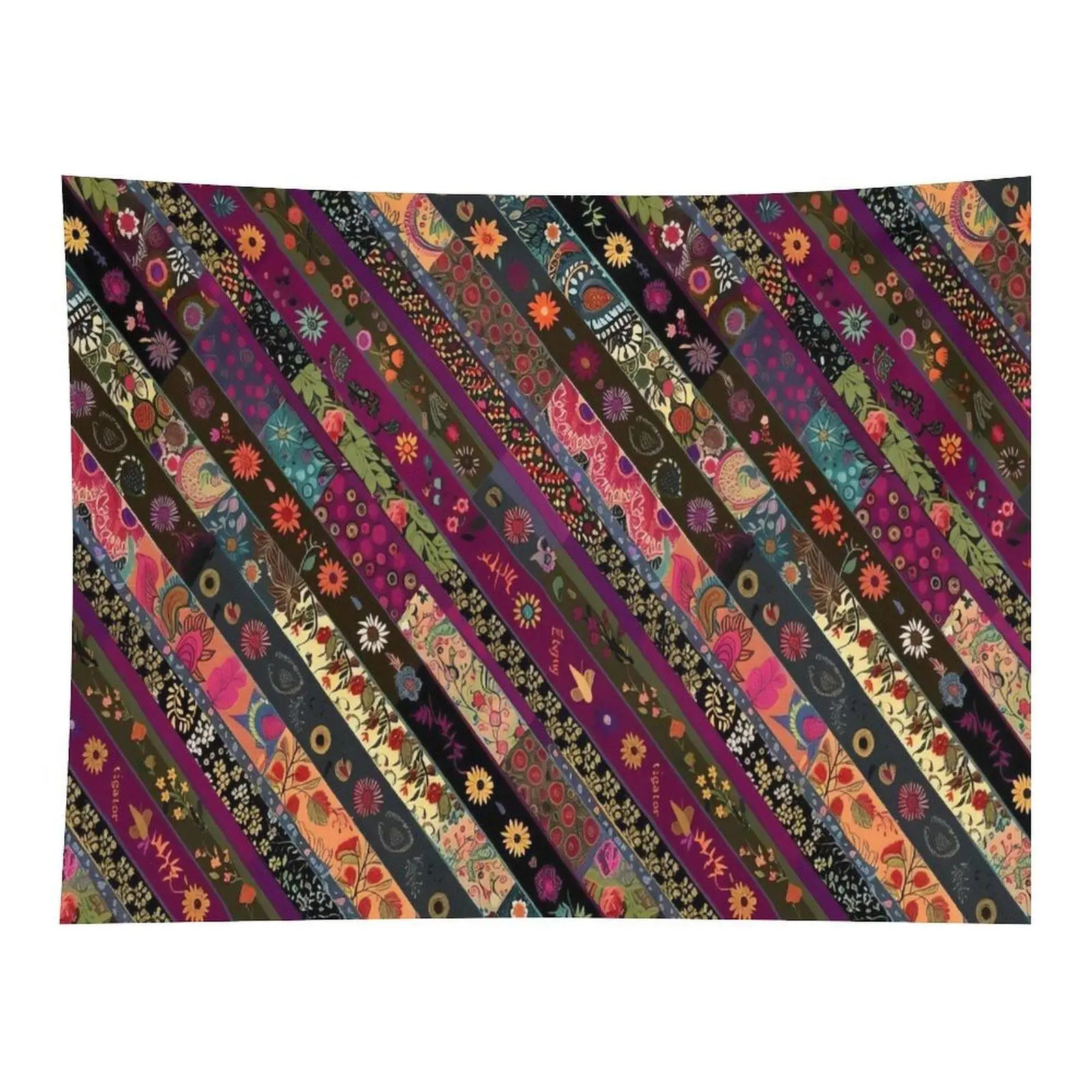 Dark Multicolor Diagonal Floral Patchwork Striped Wall Tapestry Wall Hanging, Eclectic Boho Daisy Mixed Fabric Collage Art Decor for Maximalist Bedroom Kids Dorm Wall Ornament