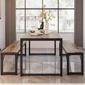 45.5" Dining Table  For 4, Kitchen Table  With 2 Benches,Christmas Gift And New Year Gift, Dining Room Table  With Metal Frame & MDF Board, Space-Saving Dinette