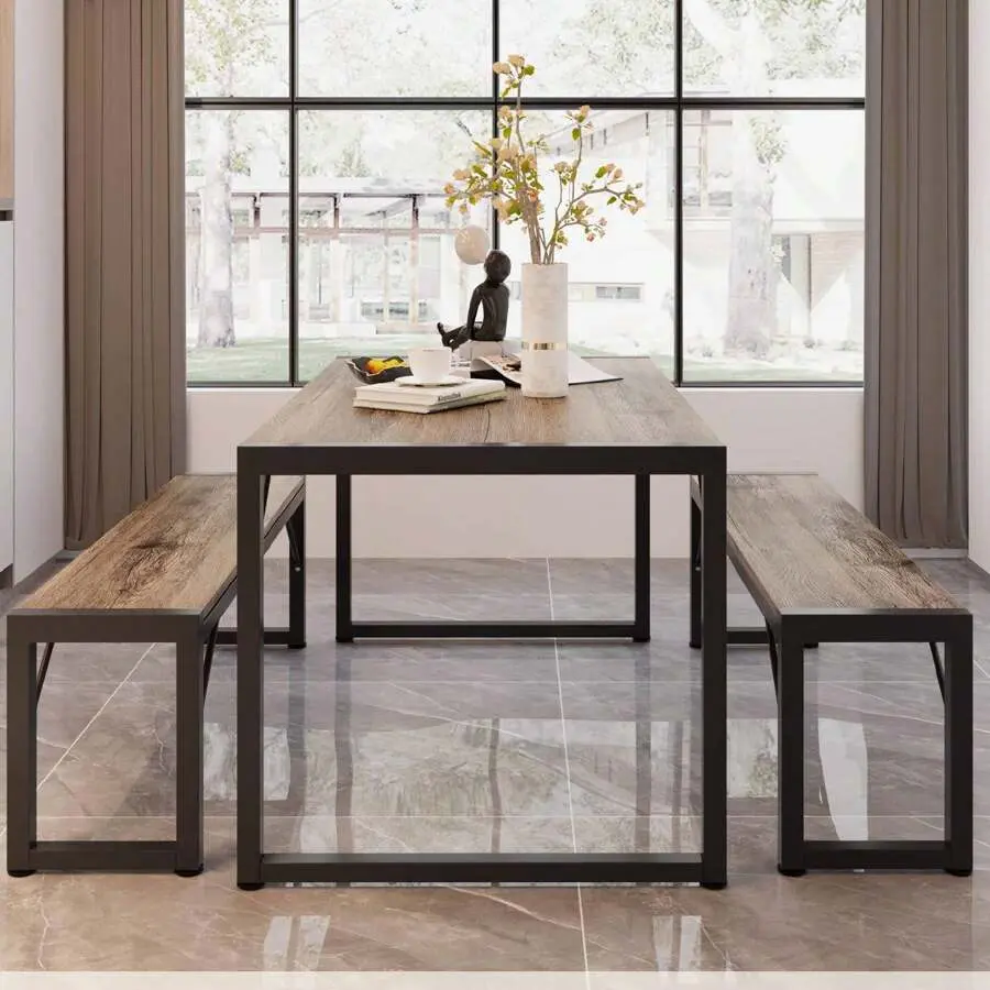 45.5" Dining Table  For 4, Kitchen Table  With 2 Benches,Christmas Gift And New Year Gift, Dining Room Table  With Metal Frame & MDF Board, Space-Saving Dinette