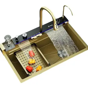 Modern 29.5x18 Inch Gold Digital Display Embossed Stainless Steel Nano Raindance Waterfall Sink with Pressurized Cup Washer and Two Waterfalls for Efficient Washing